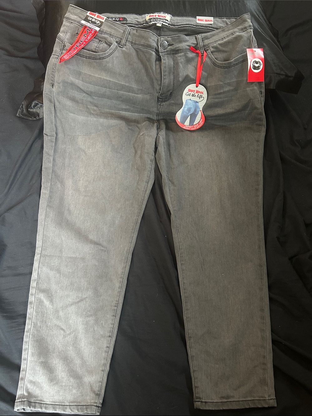 Hot Kiss Women's Straight Leg Gray Jeans with Red Accents